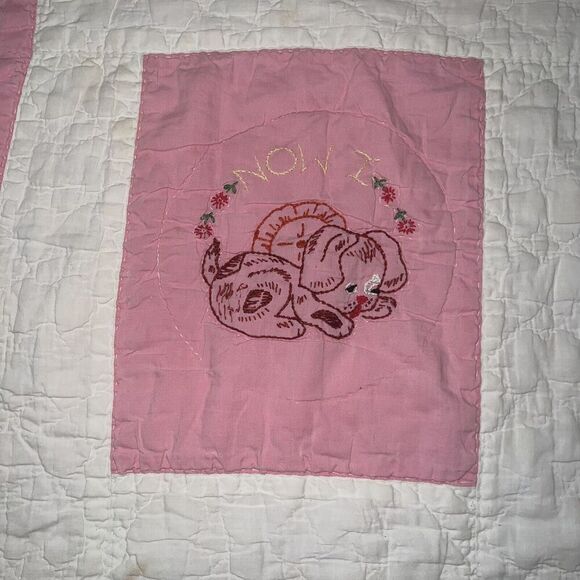 Vintage Baby Quilt Embroidered Goodnight Prayer Lay Me Down to Sleep 40” x 51” - Picture 3 of 16